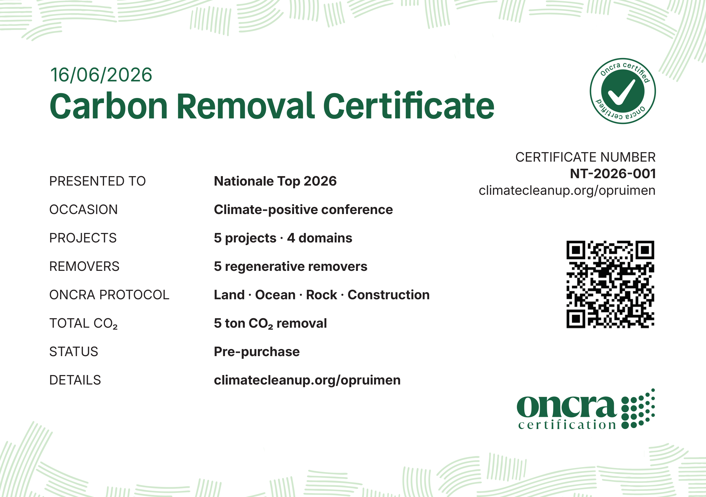 Oncra Carbon Removal Certificate — Nationale Top 2026